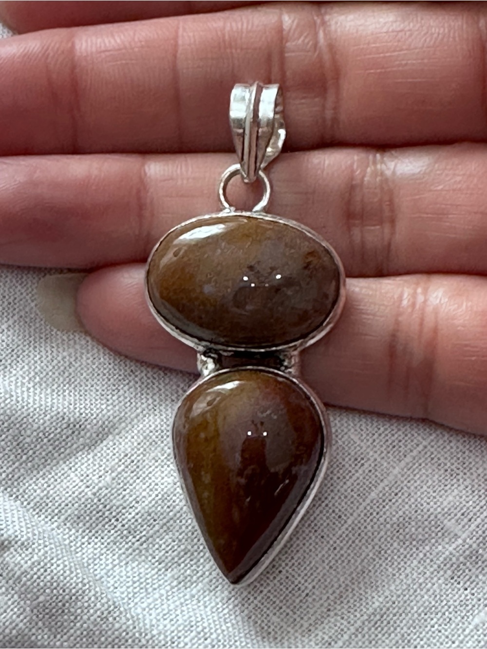 Artisan Silver Pendant ORKA AGATE Brown Double Stones Hand Crafted Rubyrudi